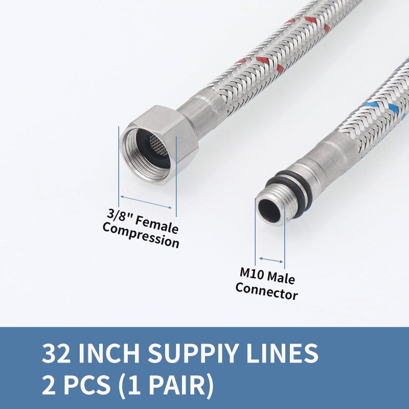 Homevacious 32-Inch Long Stainless Steel Supply Lines 3/8-Inch Female Compression Thread x M10 Male Connector 2 Pcs (1 Pair) Bathroom Kitchen Faucet Connector Braided Supply Hose - Image 3